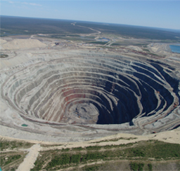 The open pit of the Udachnaya Diamond Mine, Russia, from a helicopter.